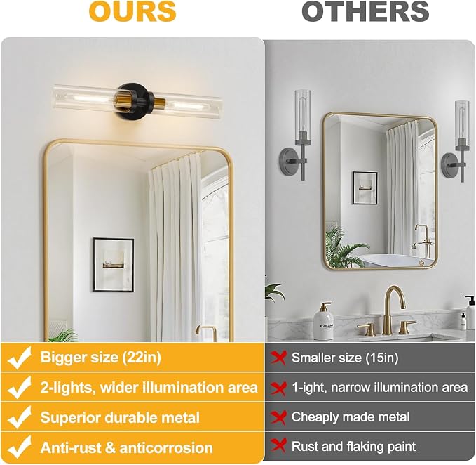 Indoi Black and Gold Wall Sconce, Hardwired Bathroom Sconces Wall Lighting with Clear Glass, Modern Sconces Wall Light fixtures for Bathroom Mirror Living Room Hallway Bedroom
