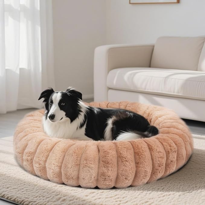Donut Dog Beds Medium Large Size Dog Washable Pet Bed,31in Brown | Cozy Calming Round Cuddler, Fluffy Faux Rabbit Fur, Non-Slip Bottom, Anti-Anxiety, Circle Bed for Large Pets Up to 40 Lbs