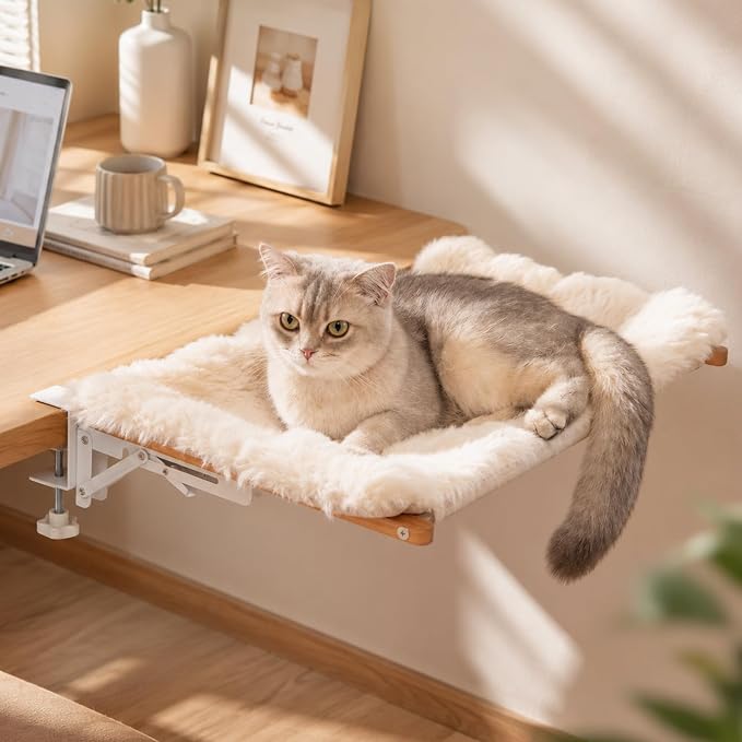 CHEERPALS Cat Desk Bed with Cushion Washable, 90°Fold Down Cat Hammock for Desk Mounted, Indoor Cats Furniture Supports 35lbs Suitable for Small-to-Medium Cats(White)