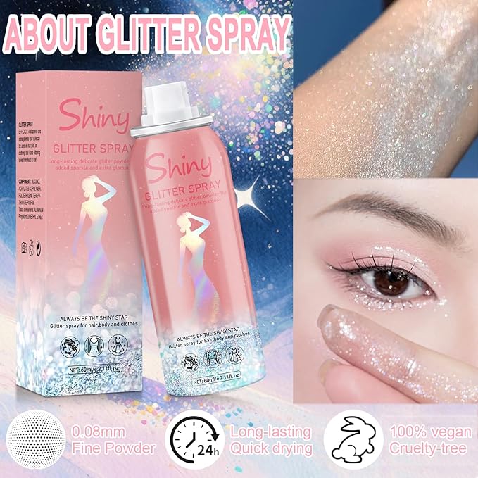 Glint-Rainbow Body Glitter Spray,Glitter Spray for Hair and Body,Long-Lasting Shimmer Powder Hairspray for Festival Concert Party Rave Accessories (Glint-Rainbow)