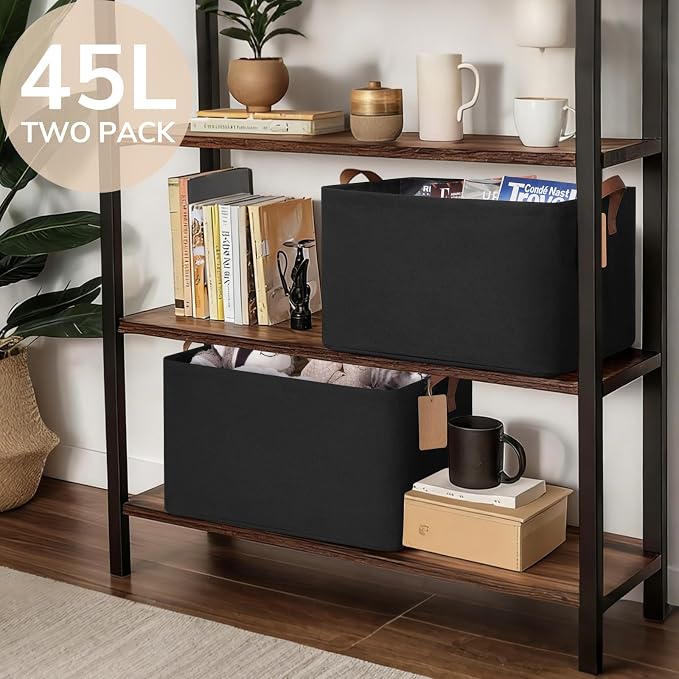 CHICVITA 45L Extra Large Fabric Storage Bins, Metal Frame, 2-Pack, Black | 19" L x 13" W x 11" H, Collapsible Design, Nursery, Living Room & Closet Organization, Toys, Clothes & Blankets Storage