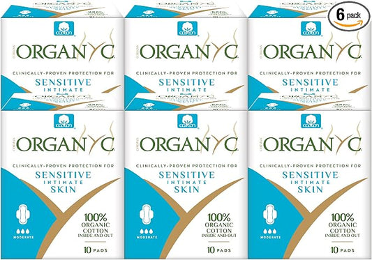 Organyc - 100% Certified Organic Cotton Feminine Pads - Sanitary Napkin with Wings for Women, Moderate Flow, Regular Absorbency, 60 Count (6 Pack of 10 Count)