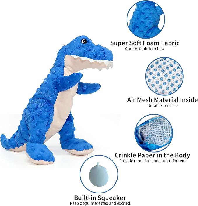 DODODOLA Dog Toys Blue Dinosaur Stuffed Squeaky Puppy Toy for Small Large Dogs