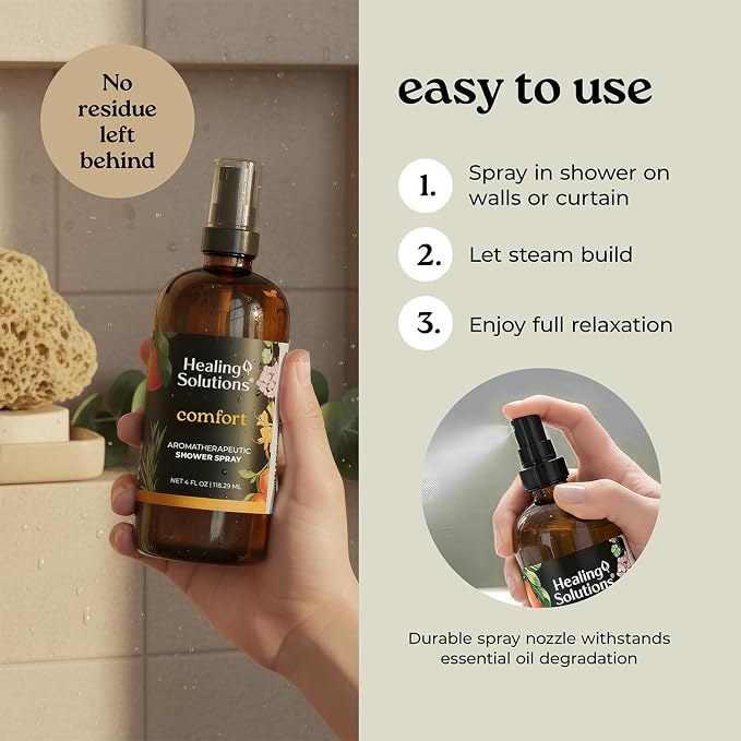 Healing Solutions Aromatherapy Shower Spray, Comfort Blend, 4oz, Made in the USA, At Home Spa Experience, Promotes Emotional Calm (4oz, Comfort)