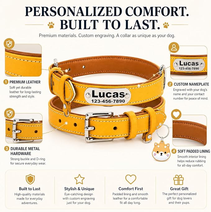 Personalized Genuine Leather Dog Collar with Name Phone Number-Yellow-XS
