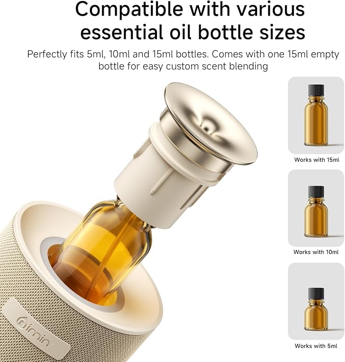 Waterless Essential Oil Diffuser with Vibration-Activated Auto Start-Stop for Car, Portable Rechargeable Cordless Small Oil Diffuser for Home, 2 Scent Settings, Fits 5/10/15ml Oil Bottles, Cream White