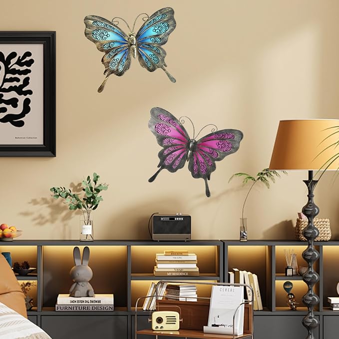 LIFFY Metal Butterfly Wall Decor,2Pack 12" Glass Butterfly Outdoor Wall Art Sculptures,Hanging Garden Decor Outside for Home,Yard,Fence,Patio