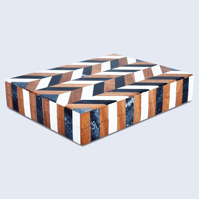 Handicrafts Home Decorative Storage Box with Lid Wooden Desk Organizer Office Storage Box for Workspace Setup – Natural Wood Resin Inlay Marquet Cosmo Collection- 6x8x1.5