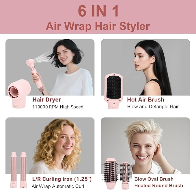 6 in 1 Hair Styler | Air Styling & Drying System | High Speed Blow Dryer Brush | No Heat Damage | Auto-Wrap Curlers, Oval Brush, Round Brush, Comb & Storage Bag