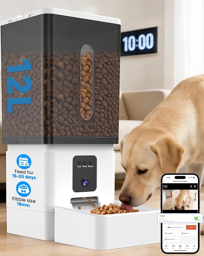 Automatic Dog Feeder Large Breed: 12L Big Capacity, HD 1080P Camera | 50 Cups/20-Day Food Capacity, 1 Mins Easy Setup & Use App, Anti-Jam 18mm Large Kibble