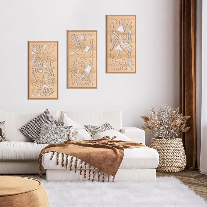IARTTOP Tropical leaf Wood Wall Decor Framed Palm Monstera Leaves Wooden Wall Art Coastal Hawaii Art decor 7.87x15.75 Inch Set of 3 for Living room Bedroom Office