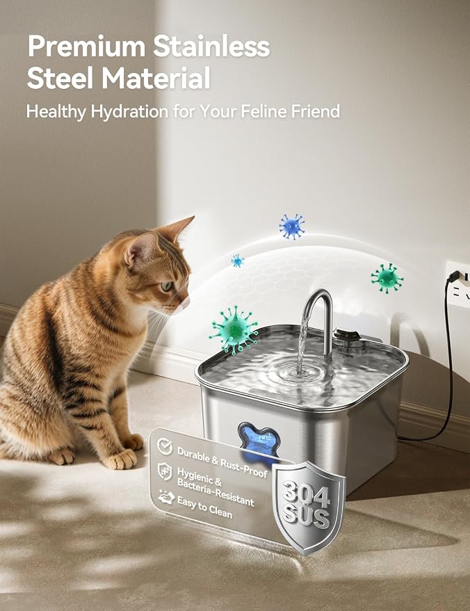 FEELNEEDY Cat Water Fountain, 304 Stainless Steel - 95oz/2.8L Faucet-Style Pet Drinking Fountain for Cats & Small Dogs, Ultra-Quiet <20dB, Dishwasher Safe, 4-Stage Filtration & Water Level Window