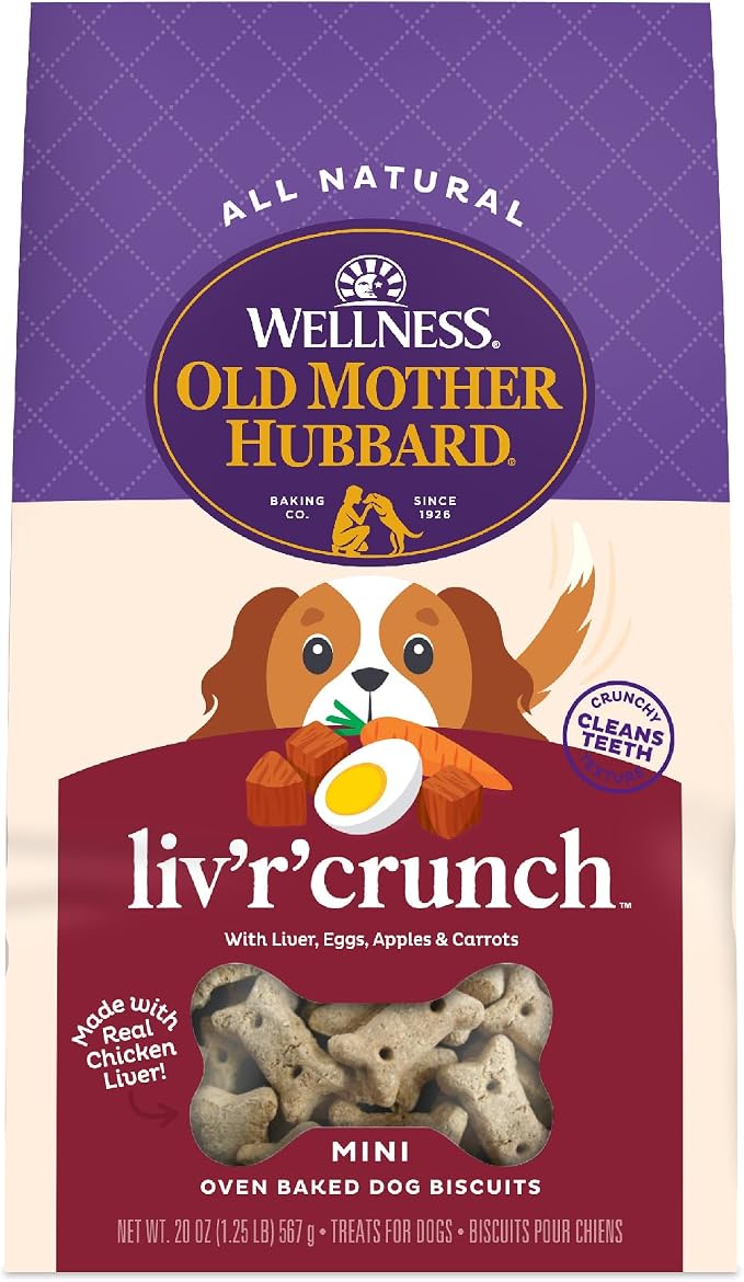 Wellness Old Mother Hubbard Classic Liv'R'Crunch Dog Biscuits, Natural Training Treats, Chicken Liver, Oats, Apple and Carrot Flavor, Mini Size, 20 oz Bag