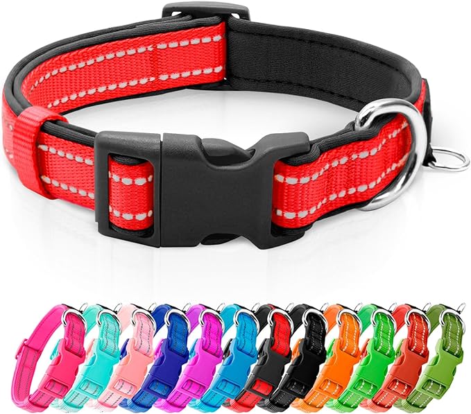 azuza Reflective Dog Collar, Neoprene Padded Small Dog Collar, Red, S
