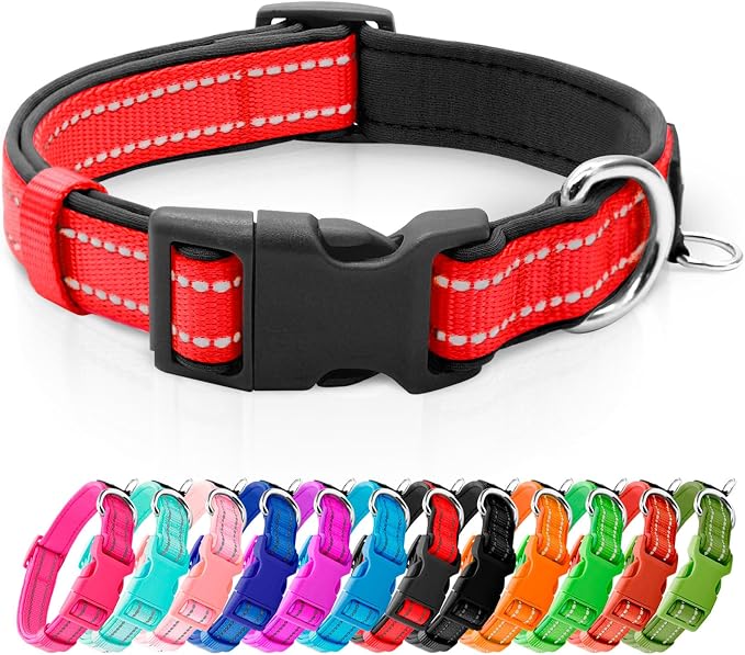 azuza Reflective Dog Collar, Neoprene Padded Medium Dog Collar, Red, M