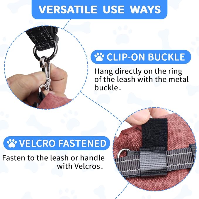 Dog Poop Bag Holder with Treat Pouch, 2 Zipper Pockets & Leash Clip
