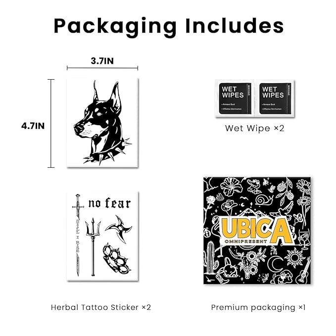 2 Weeks Realistic Dog Head Temporary Fake Tattoos For Men Arm Hand Neck, Large Black Darts Sword Fork Semi Permanent Tattoo For Adults, Waterproof and Non-Reflective, 2 Sheets