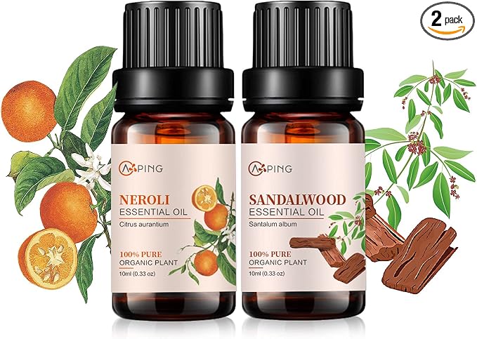Sandalwood & Neroli Essential Oils - 100% Pure Organic Natural Plant Oils for Diffuser, Aroma, Spa, Massage, Yoga, Perfume, 2x10ML