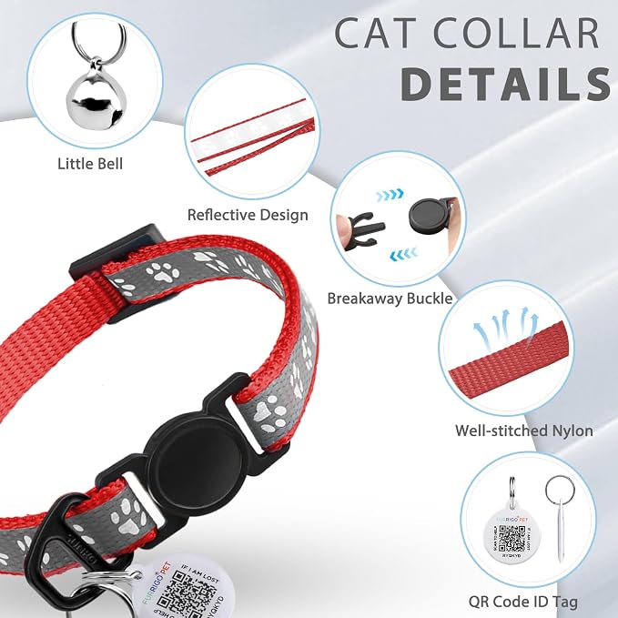 Breakaway Reflective Cat Collar with QR Name Tag & Bell (Red)