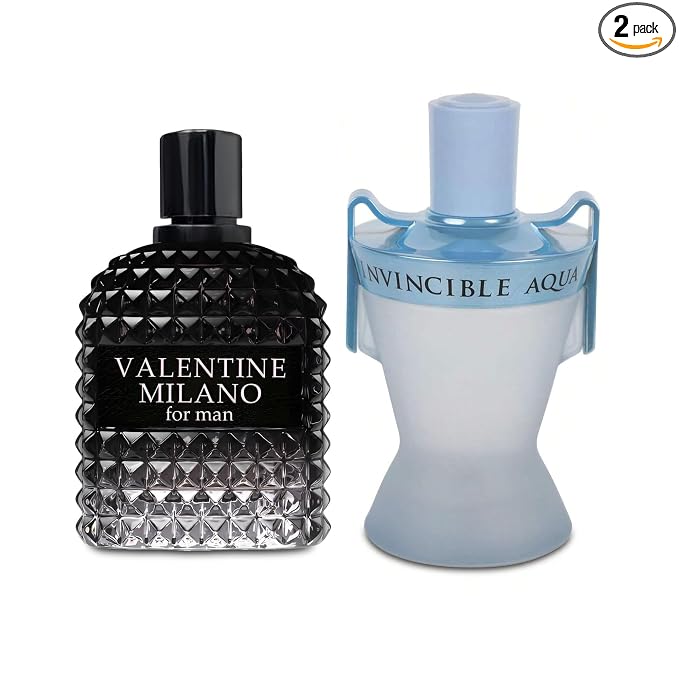 AFLUXE 2PCS Valentine Milano/Invincible Aqua Eau De Toilette for Men-Fresh,Romantic Scent Perfume for Men 3.4 Fl Oz Each Mens Cologne For All Skin Daily Used