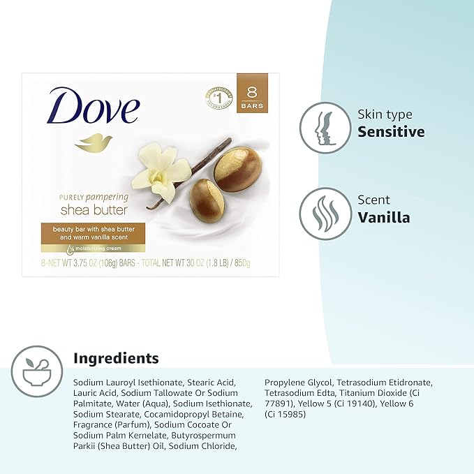 Dove Beauty Bar Soap Shea Butter,for Nourished,Radiant Skin,Enriches Skin 3.75 oz,(Pack of 72)
