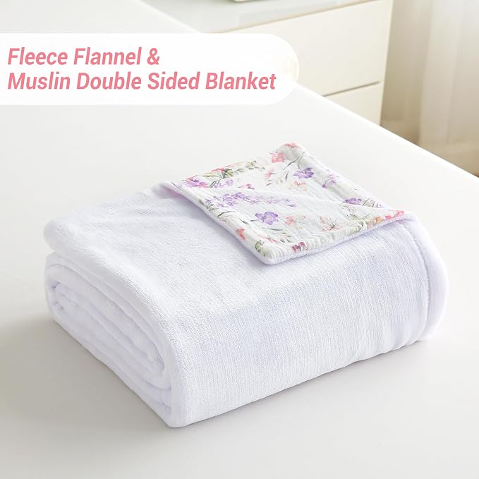 Viviland Cooling Muslin Blanket Queen Size for Bed Summer Gauze Blanket for Adults Breathable Lightweight Soft for Hot Sleepers Linen 90 x 90 Inches Pink Purple Flowers