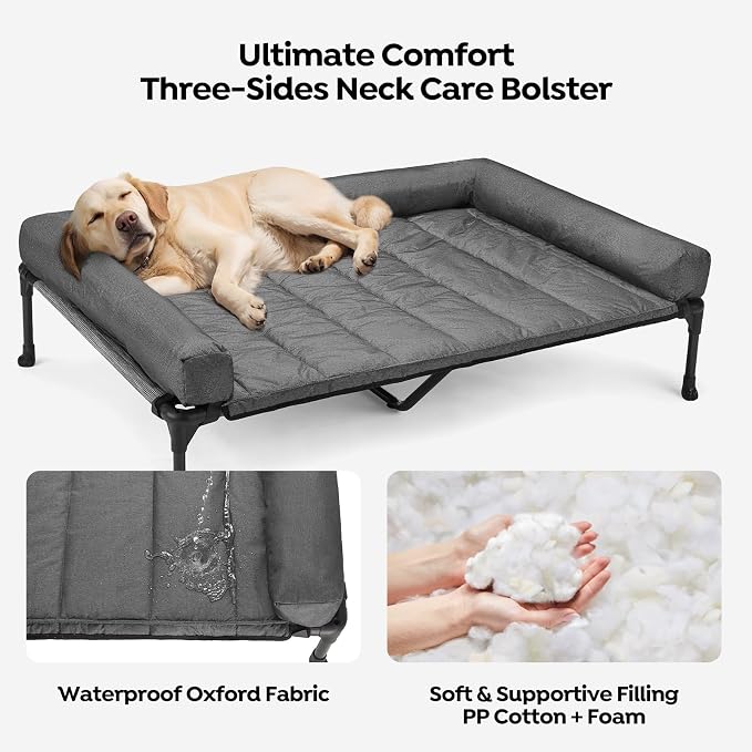 Veehoo Outdoor Elevated Dog Bed with Waterproof Bolster Cushion, Cooling | Raised Dog Bed with Removable & Washable Mat Topper, Breathable Mesh, Dog Couch Cot for Indoor Outdoor, 49", Large, Melange