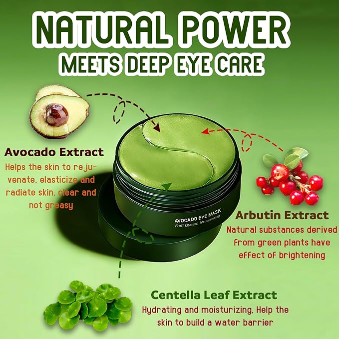 60 Pcs Avocado Eye Mask, Under Eye Patches for Dark Circles & Puffiness - Moisturizing Nourishing Eye Treatment, Improves Dryness/Fine Lines/Wrinkles, Perfect for Daily Care & Ideal Gift for Women