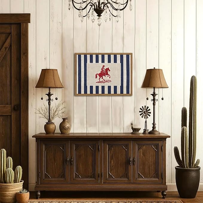 Vintage Western Wall Art Mid Century Striped Cowboy Wall Decor Painting Blue and White Southwest Poster Canvas Print for Bedroom Lving Room 12x16 inch Wood Framed