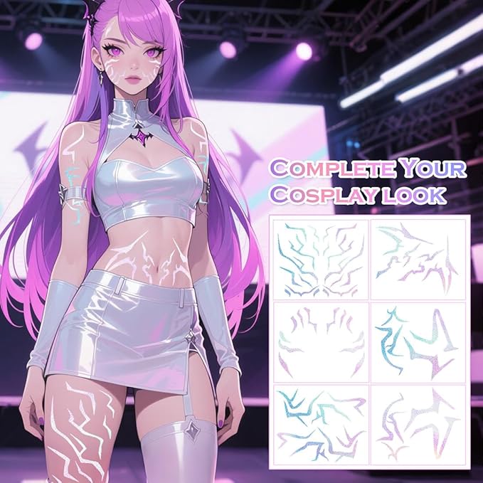 Cosplay Temporary Tattoos, 6 Sheets Holographic Tattoos Waterproof Body Art Prop for Cosplay Halloween Party Makeup Realistic Accessories