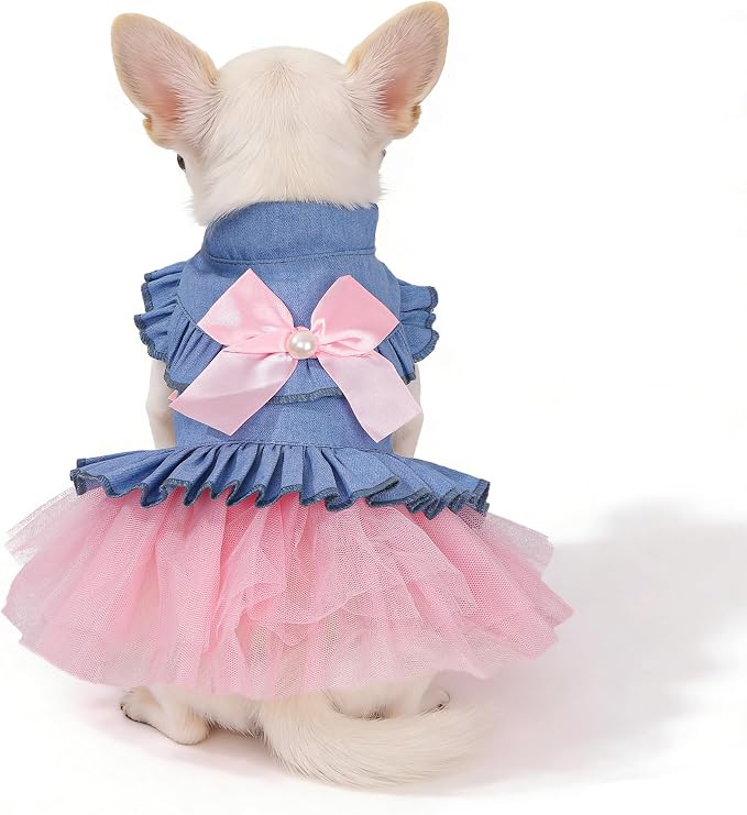 Dog Dress, Fashion Puppy Tutu Princess Dresses for Small Dogs Girl, Sweet Skirt with Dog Bowknot Clips, Spring Dog Cat Clothes Pet Apparel (Denim Princess Dress, Large)