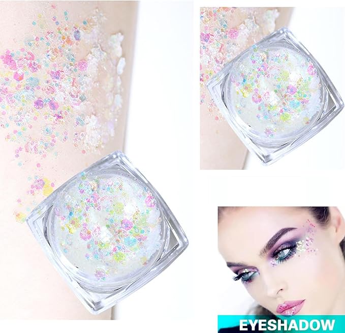 Face & Body Glitter Gel – Clear White Sparkling Gel for Hair, Face & Body – 6 Shapes Chunky Festival Makeup – Butterfly, Stars & Hearts – Rave, Party & Cosplay