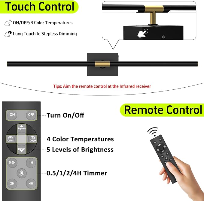 Battery Operated Wall Sconces Set of 2, 10000mAh, Black | Detachable rechargeable battery, 31.5" wireless lighting for TV wall mirror bedroom or living room decor