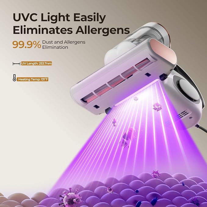 JIGOO J300 Bed Vacuum Cleaner, Dust Sensor, Pet Hair, UV and Heat, Corded | Mattress vacuum cleaner with 500W motor, 13Kpa suction, UV-C light and 130°F heat for pet hair on beds, sofas, White