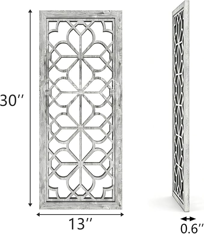 Set of 2 13x30 Inch Large Grey Shatterproof Carved Floral Wood Frame Wall Mirrors, Boho Farmhouse Rustic Accent Mirrors for Living Room Bedroom Bathroom & Home Decor