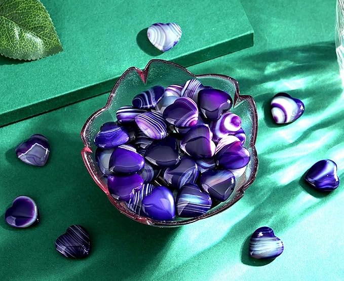 QINJIEJIE 20PCS Purple Agate Heart Stones Crystals Bulk Love Shaped Worry Stone Heart Rock Pocket Polished Palm Gems Crystal Reiki Balancing Wholesale Carved Stone Decor Gift