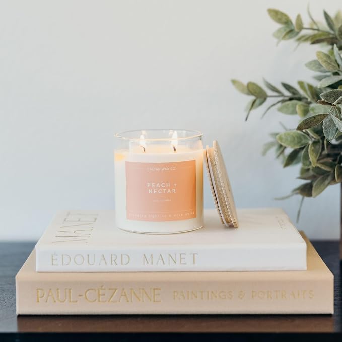 Calyan Wax Co. Peach & Nectar 2 Wick Scented Candle - 37 Hour Burn - Luxury Clean Soy Wax Candles - Long Lasting Large Glass Jar Candle for Home - 8.8oz
