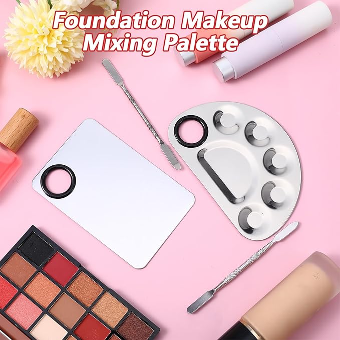 2 Set Metal Makeup Mixing Palette with Spatula, Professional Stainless Steel Square and Fan Makeup Palette Reusable Beauty Tools Cosmetic Artist Tool for Foundation Mix, Facial Cosmetic,Nail Art