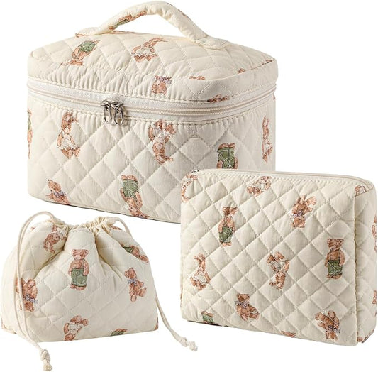 3pcs Large Cotton Quilted Makeup Bag Set,Coquette Aesthetic Cute Travel Toiletry Bag,Drawstring Gift Bag for Women and Girls(3Pcs White Bear)