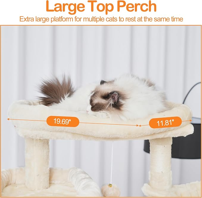 Heybly Cat Tree, 71-Inch-Tall Tower for Indoor Cats with 2 Perches HCT034M | Large Cat Furniture with 2 Big Condos, 2 Hammocks, Basket, Scratching Pad, Multi-Level Cat Condo, Beige
