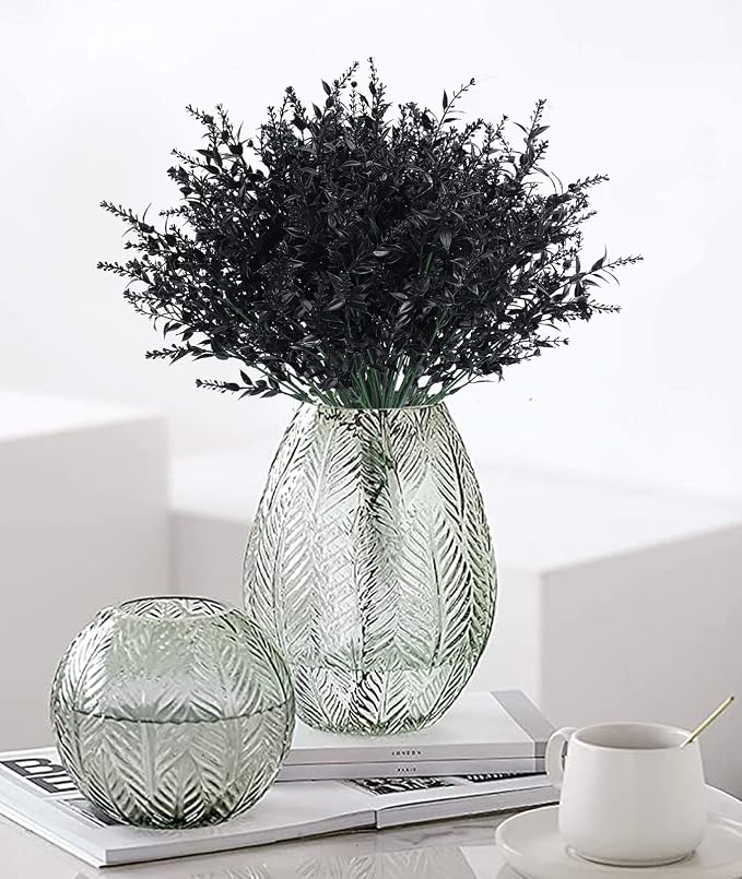 RECUTMS Black Artificial Flowers Outdoor Fake Plants Artificial Faux Flower | 8Pcs, Black Halloween Decor,Fake Outdoor UV Resistant Shrubs No Fade Faux Plastic Plants Garden Porch Window Box Decorating