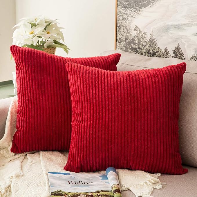 MIULEE Soft Corduroy Throw Pillow Covers Set of 2 18x18 Christmas Red | Decorative Striped Textured Cushion Cases, Boho Energetic Vibe Pillowcases, Home Decor for Couch Chair Sofa Bed Living Room