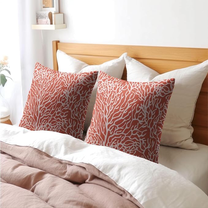 Nautical Coastal Pillow Covers 24x24 Inch Set of 2 Summer Ocean Beach Coral Red Decorative Pillow Cases Outdoor Linen Cushion Cover Farmhouse Decor for Bedroom Home Sofa Couch Bed