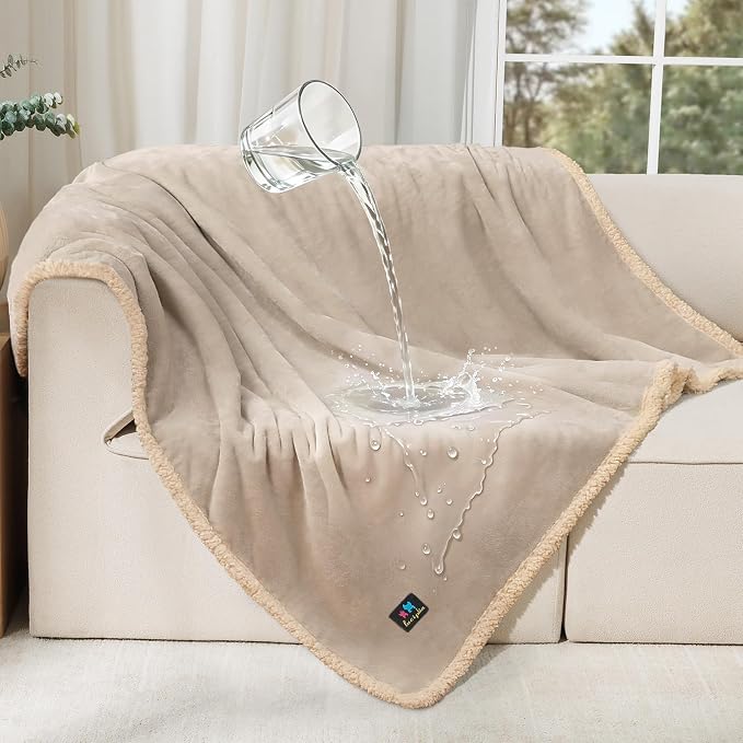 Luciphia Waterproof Pet Blanket, Liquid Pee Proof Dog Blanket for Sofa Bed Couch, Reversible Sherpa Fleece Furniture Protector Cover for Small Medium Large Dogs Cats, Grey Beige Large（65" x 57"） | waterproof pet blanket sherpa fleece reversible couch c...