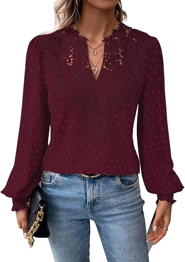 Womens Tops Swiss Dot Boho Long Sleeve Shirts V Neck Casual Chiffon Blouses Flowy Lace Hem Cute Clothing Trendy 2026