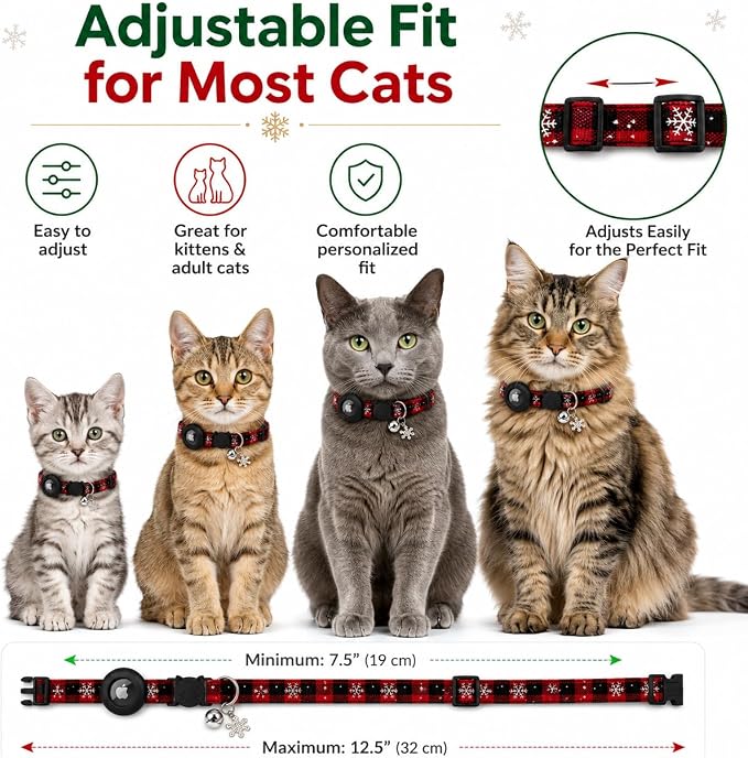 Cat Collar Breakaway 2packs, Reflective Kitten Collar with Apple Air Tag Holder and Bell for Girl Boy Cats, 0.4 Inches in Width and Lightweight (Red and Green)