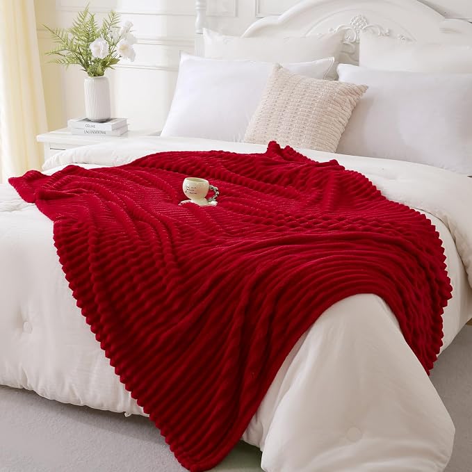 Red Fleece Throw Blanket 50”×60” for Couch Sofa Livingroom | Super Soft Cozy Plush Microfiber Flannel Bed Blanket Striped Design Lightweight Home Decor Gifts for Adults Mom Women