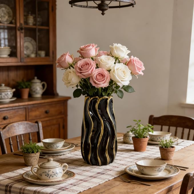 Black Ceramic Vase for Home Decor, Vertical Stripe Decorative Flower Vase for Bedroom, Office, Living Room, Bathroom, Tabletop Decor