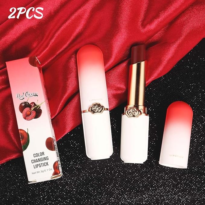 BINGBRUSH 2 Pcs Red Cherries Color Changing Lipstick Queen,PH Mood Long Lasting Labiales Lip Gloss Lip Balm Tinted Magic Lip Stain Makeup Lipstick Set for Women