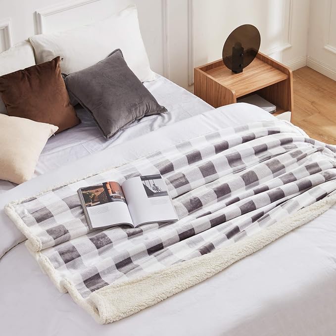 Sherpa Plaid Twin Blanket 60" X 70", Fuzzy Fluffy Soft Cozy Throw Blanket, Twin Size Plush Fleece Flannel Plush Microfiber Blanket for Couch Bed Sofa (Grey)